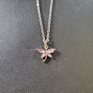 Dragonfly 18" Stainless Silver Necklace Pretty Pink